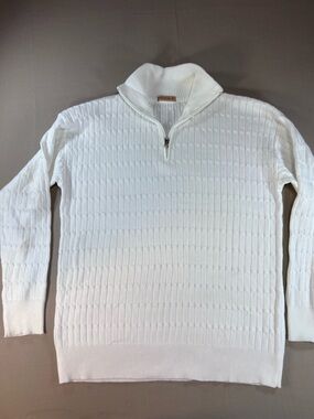 Textured Quarter Zip White Pullover Sweater Cable Knit Style Mock Neck Mens L